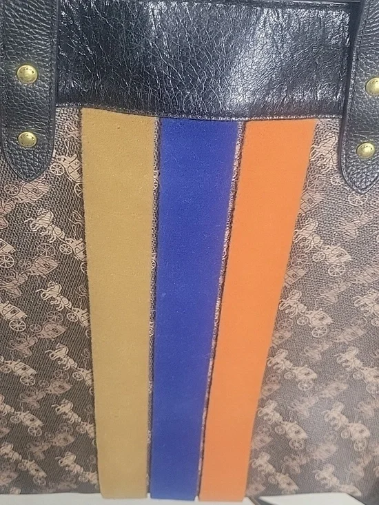 Coach Xtra Large Field Tote Monogram Tote with Blue, Orange & Mustard Stripes - Picture 10 of 12